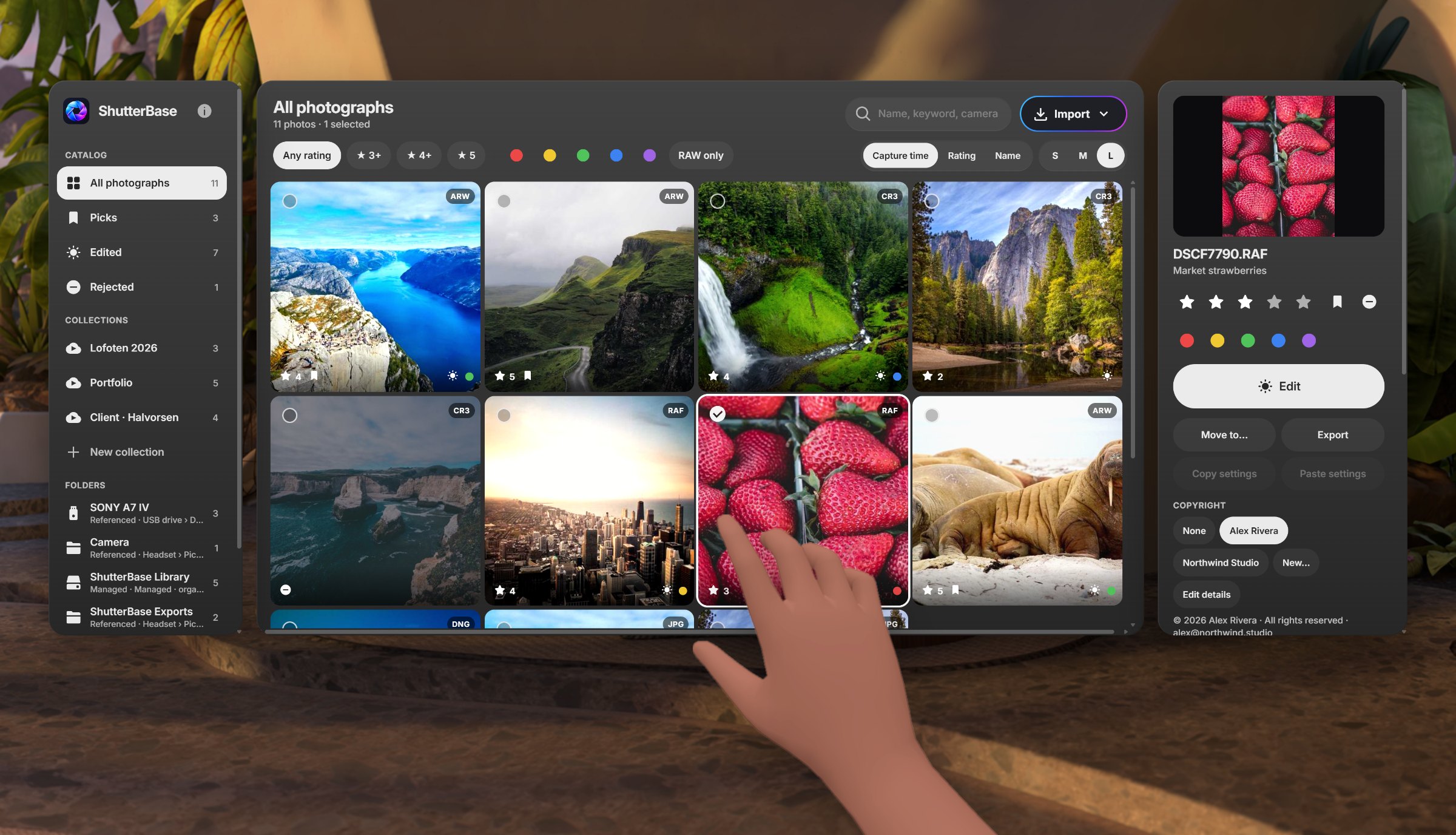 The ShutterBase library with edited RAW photos, a sidebar of collections and a photo info panel
