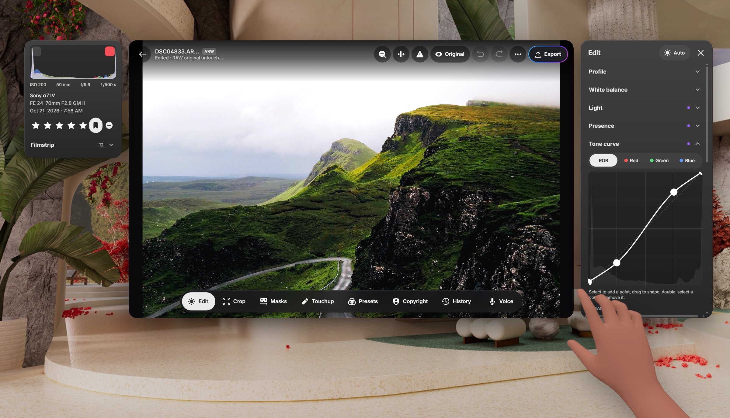 Editing a green valley photo in ShutterBase with the tone curve and color mixer open in a side panel